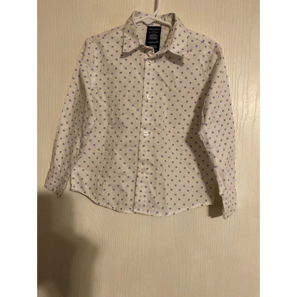 Nautica Boys White Blue Floral Paw Print Button Down Shirt Size 4 0446